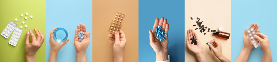 Collage with hands and many different pills on colorful background