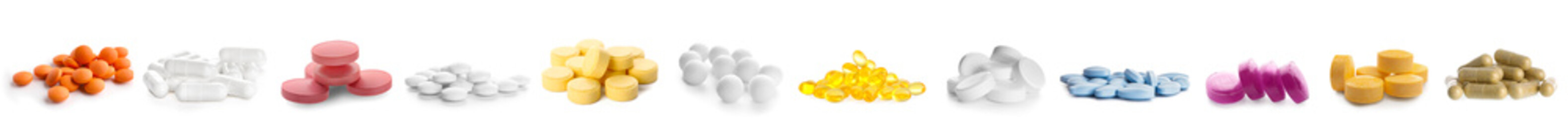 Set of many different pills isolated on white