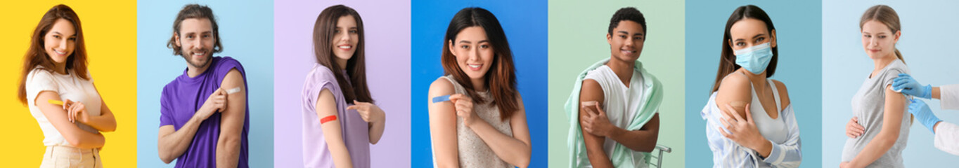 Different people with applied medical patch after vaccination on colorful background