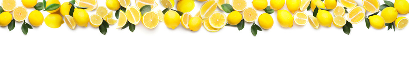 Many ripe lemons on white background with space for text