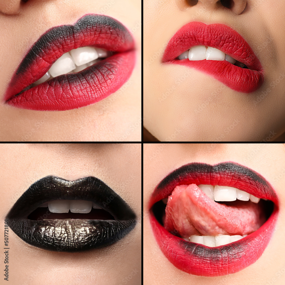 Poster Collage with sexy black and red female lips, closeup