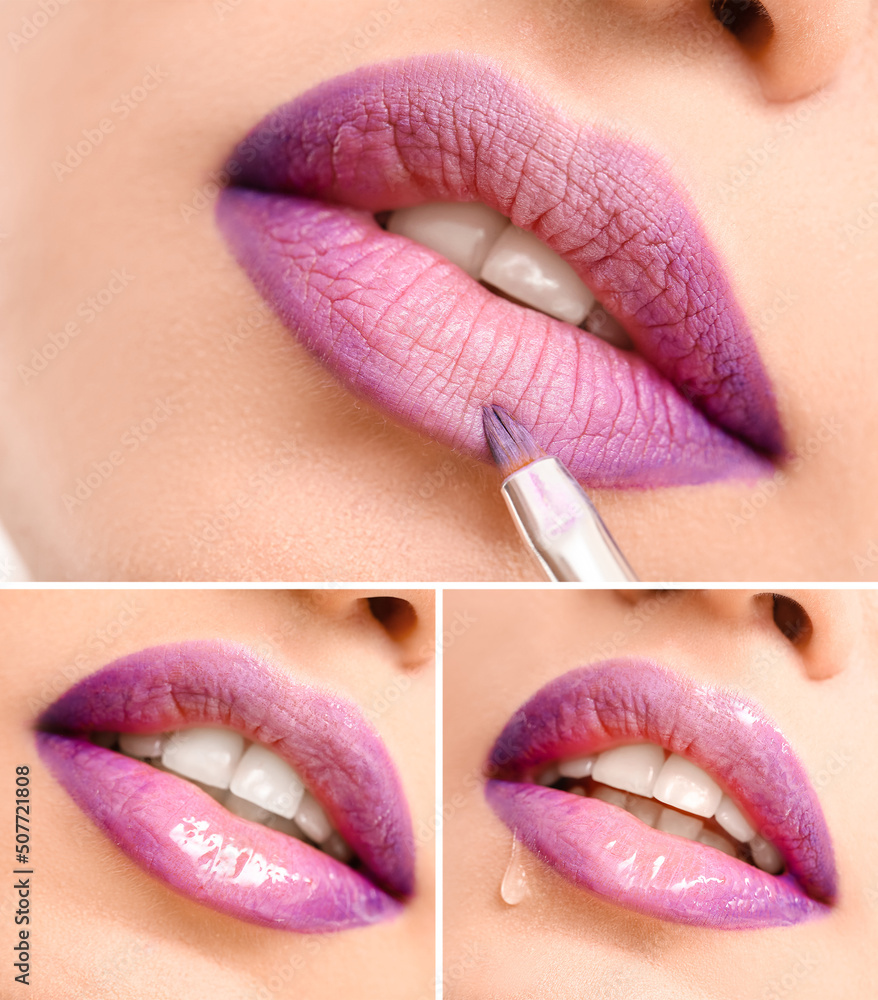 Sticker Collage with beautiful lilac female lips, closeup