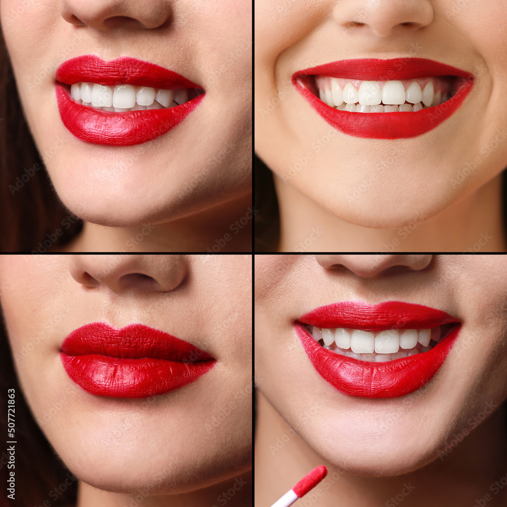 Sticker Collage with beautiful bright red lips, closeup