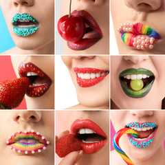 Collage with beautiful creative makeup of female lips, closeup
