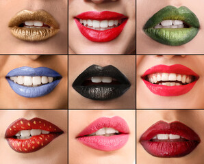 Collage with beautiful colorful female lips, closeup