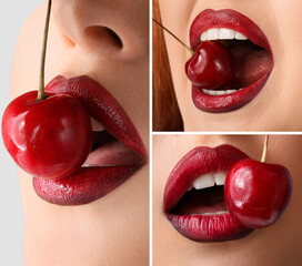 Set of beautiful young woman with red lips and cherry, closeup