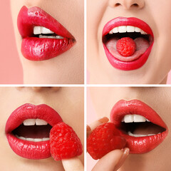 Obraz premium Set of beautiful young woman with pink lips and raspberry, closeup