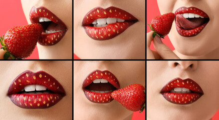 Collage with unusual lips of beautiful young woman eating strawberry, closeup