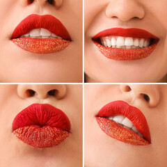 Collage with beautiful red lips, closeup
