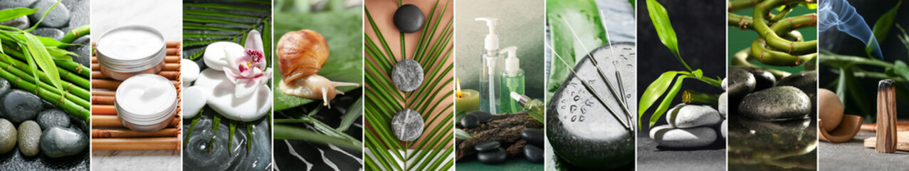 Collage of spa stones with acupuncture needles, small snail, natural cosmetics and Palo Santo - obrazy, fototapety, plakaty