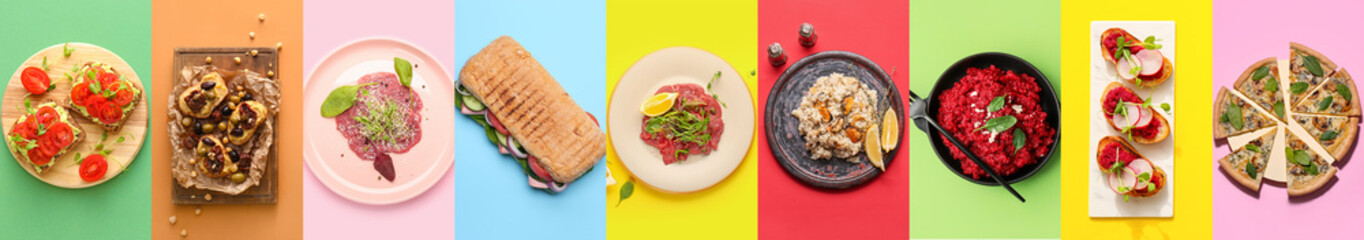 Set of traditional Italian dishes on colorful background, top view