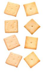 Many crispy crackers isolated on white