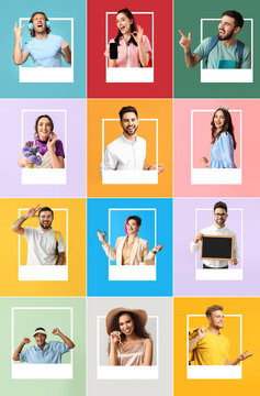 Set of people looking out of frames on color background