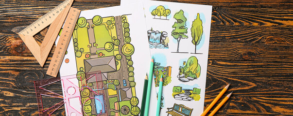 Paper sheets with sketches for landscape design and stationery on wooden background
