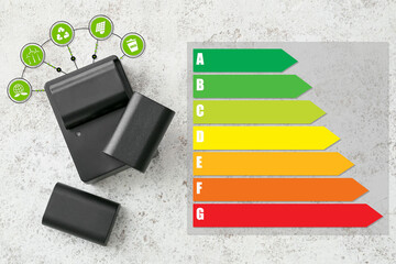 Batteries and charger with energy efficiency rating on grunge background