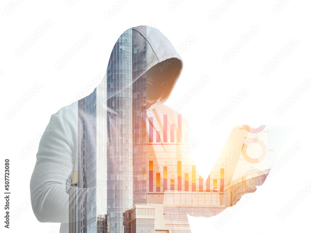 Poster double exposure of modern building and hacker with laptop on white background