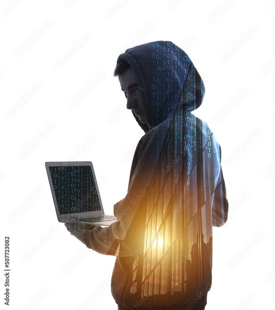 Poster triple exposure of modern building, computer code and hacker on white background