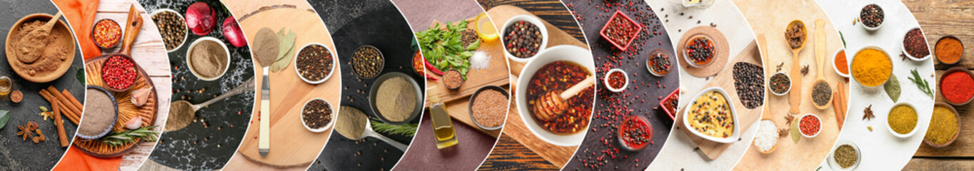 Collage with many different spices, top view