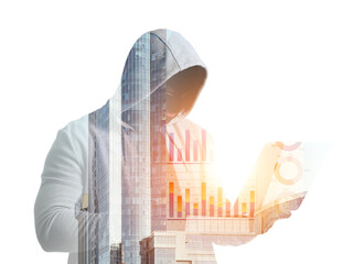 Double exposure of modern building and hacker with laptop on white background