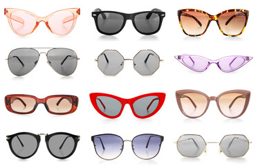 Set of different stylish sunglasses isolated on white