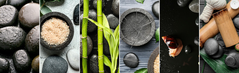 Collage with acupuncture needles, sea salt, bamboo and spa stones