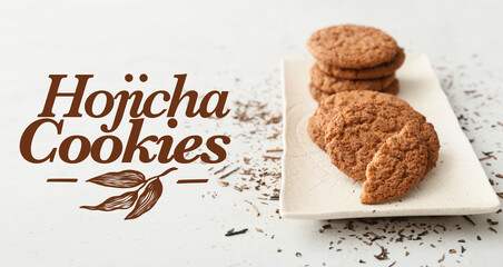 Plate with tasty hojicha cookies on light background