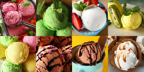 Collage with different sweet ice-cream, closeup