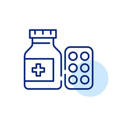 Pills in a jar and blister package. Healthcare and pharmaceuticals. Pixel perfect, editable stroke line art icon