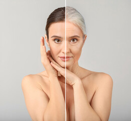 Beautiful young woman with healthy skin on light background