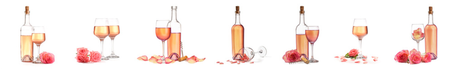 Set of bottles and glasses with aromatic rose petals wine on white background