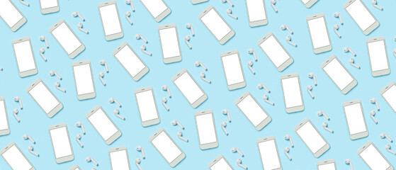 Fototapeta na wymiar Many smartphones with blank screens and earphones on light blue background. Pattern for design
