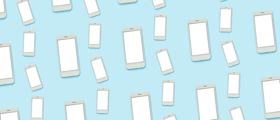Many smartphones with blank screens on light blue background. Pattern for design