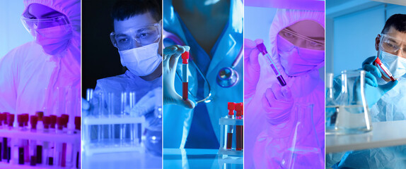 Collage with scientists working with samples in laboratory