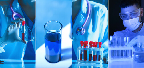 Collage with laboratory workers, test tubes and blood samples