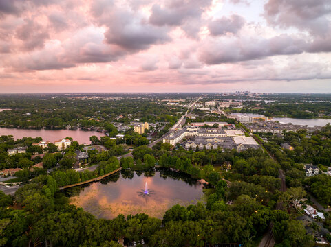 Aerial view of Maitland, Florida during sunset. May 29,2022