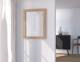 mock up blank wooden frame on the wall, White room,  living room, 3D rendering, 3D illustration
