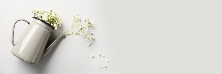 Watering can with beautiful gypsophila flowers on light background with space for text