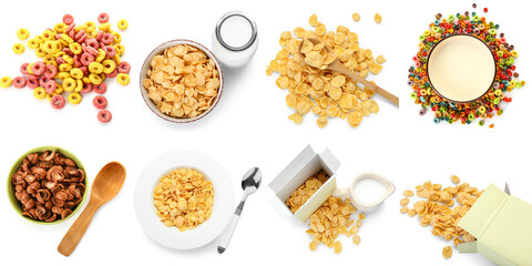 Set of different tasty breakfast cereals isolated on white, top view