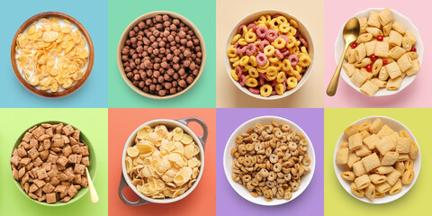 Set of different tasty breakfast cereals on colorful background, top view