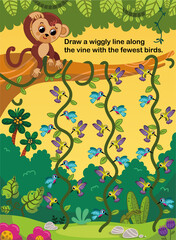 Counting practice page with birds and jungle for kids. Vector illustration.