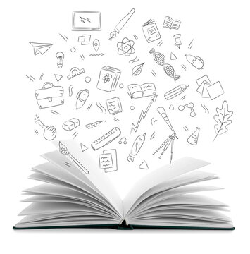 Open book and different drawn objects on white background. Studying of different sciences
