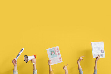 People with newspapers and megaphone on yellow background
