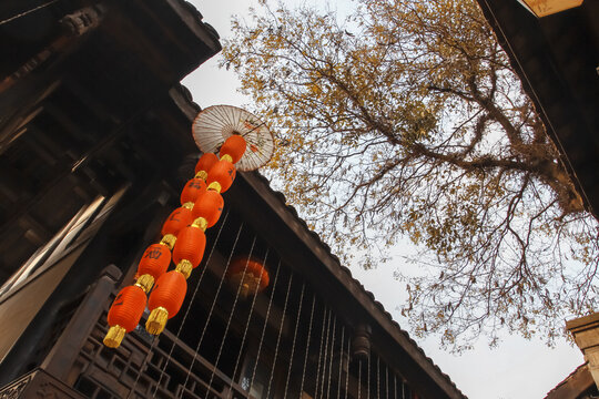Night view of Kuan Alley and a long string of red lanterns in Chengdu, Sichuan