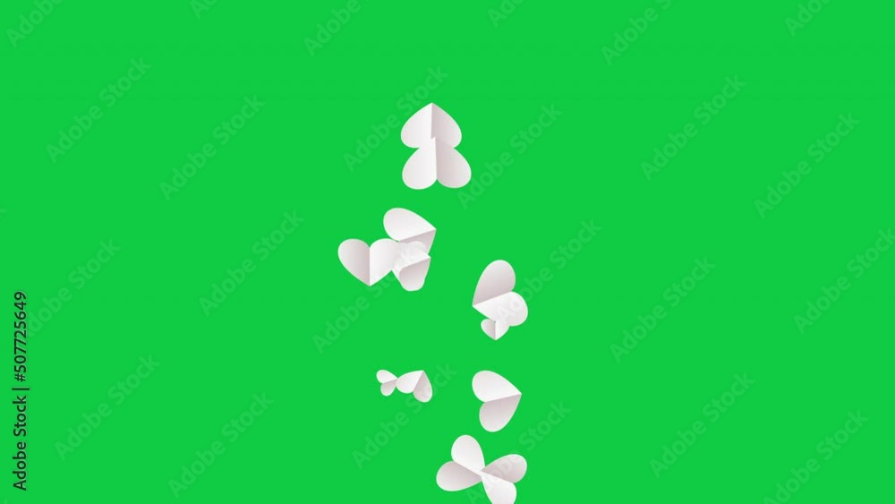 Aufkleber abstract animation 3d white paper hearts floating on green screen background.4k 3d seamless loop hea