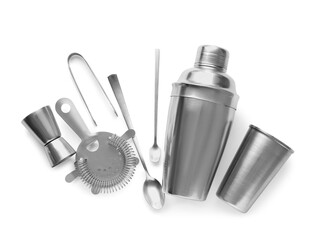 Different modern cocktail utensils on white background