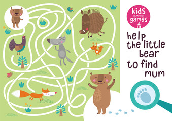 Funny maze for children. Help the bear to find mum. Kids learning games collection. 