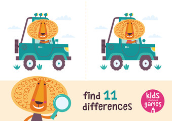 Find the differences. Kids learning games collection. Lion in a cartoon style is going by car.
