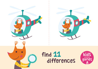 Find the differences. Kids learning games collection. Squirrel in a cartoon style is going by helicopter.