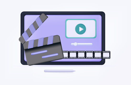 3d movie icon. Live viewing, watch online. Volume slider, watch movie, news, music. Broadcast video, clip, smart tv device on the screen, tablet. Stream icon, film reel and clapperboard. Vector 