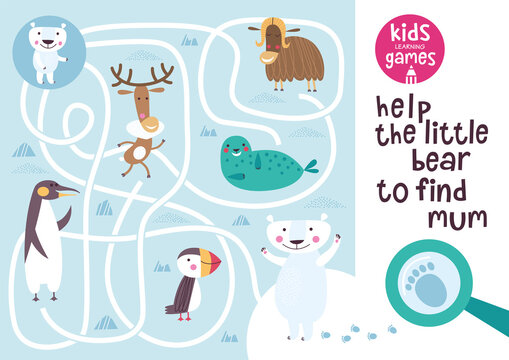 Funny maze for children. Help the white bear to find mum. Kids learning games collection.